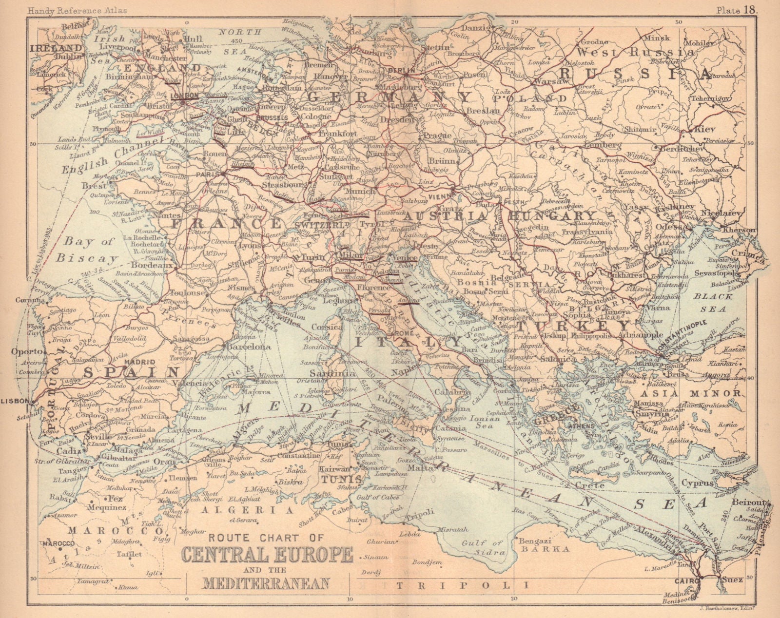 Central Europe & Mediterranean routes. Railways. Steamers. BARTHOLOMEW 1888 map